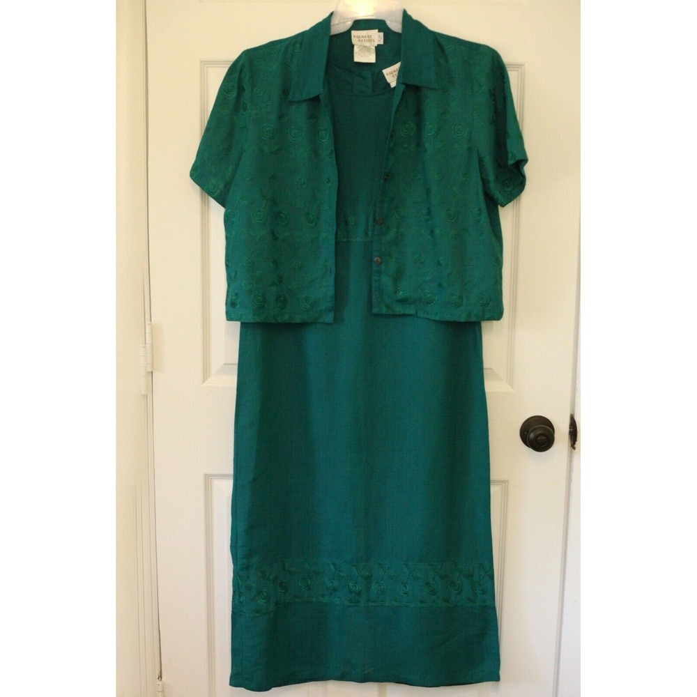VTG Halmode Petites Sz 12P Green Linen Rayon 2 Pcs Embroidered Top Skirt Set EUC